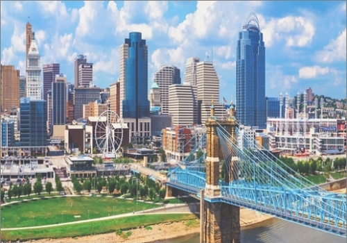 Overview of bridge and Cincinnati city
